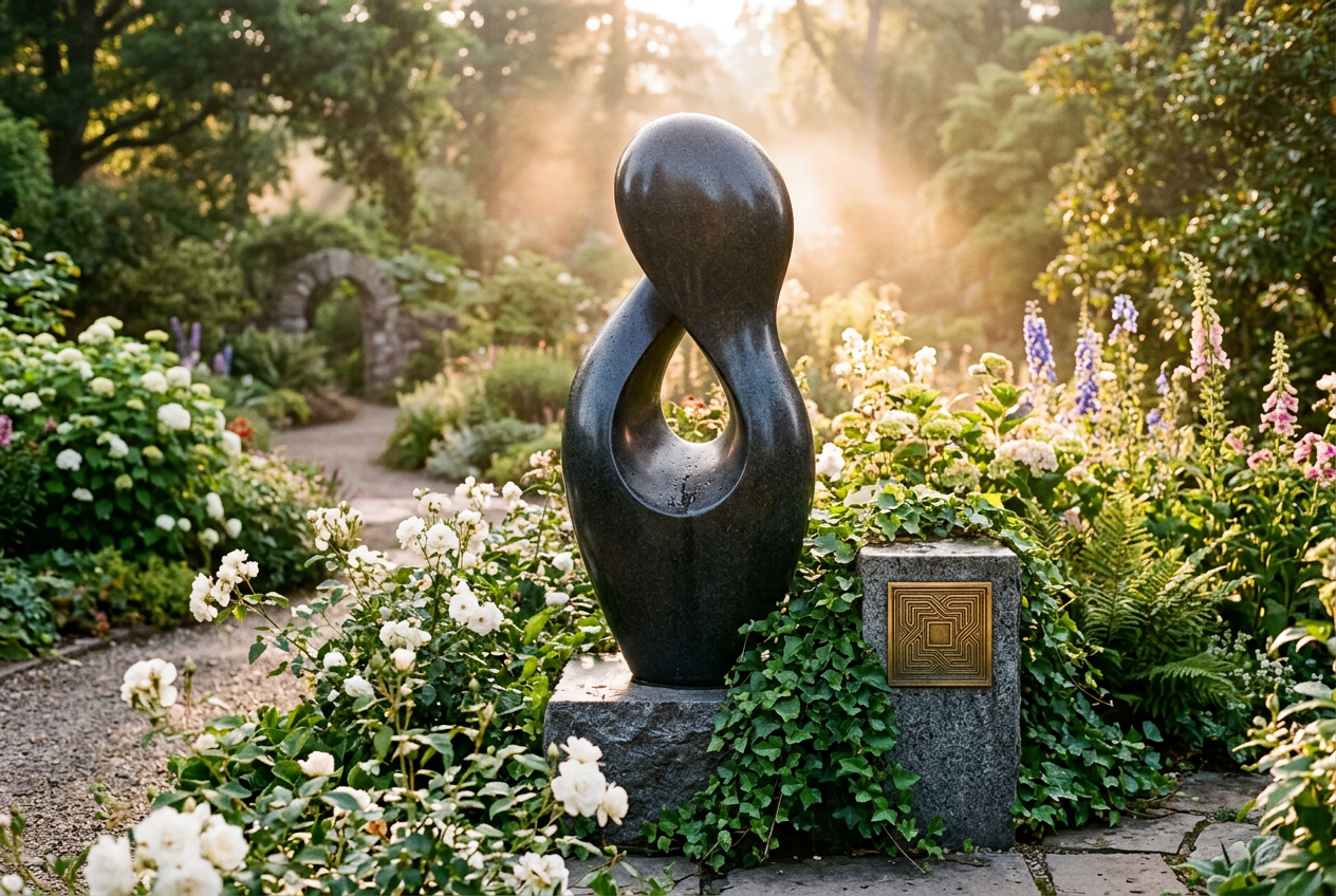 Memorial monument with brass QR plaque in a garden at golden hour